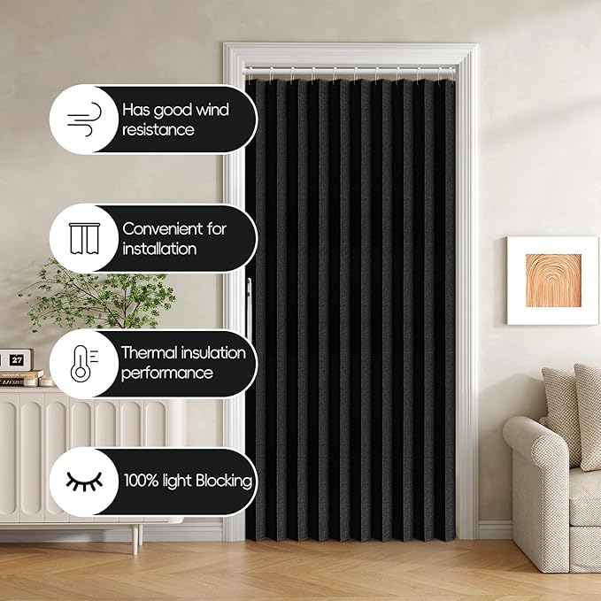 Jilron Accordian Door Curtain, 100% Blackout Folding Magnetic Doorway Curtains,Linen Style Closet Doors,for Room Divider,Privacy Protection（W52 x L78,Black,1 Panel）