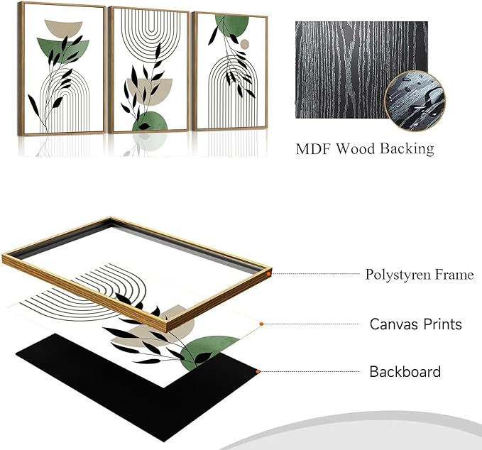 Bwodke Boho Wall Art, Framed Abstract Wall Art, Line Plants Leaf Canvas Wall Decor, Mid Century Sage Green Geometric Pictures Set of 3, Minimalist Paintings, for Bedroom Living Room Bathroom 12"x16"