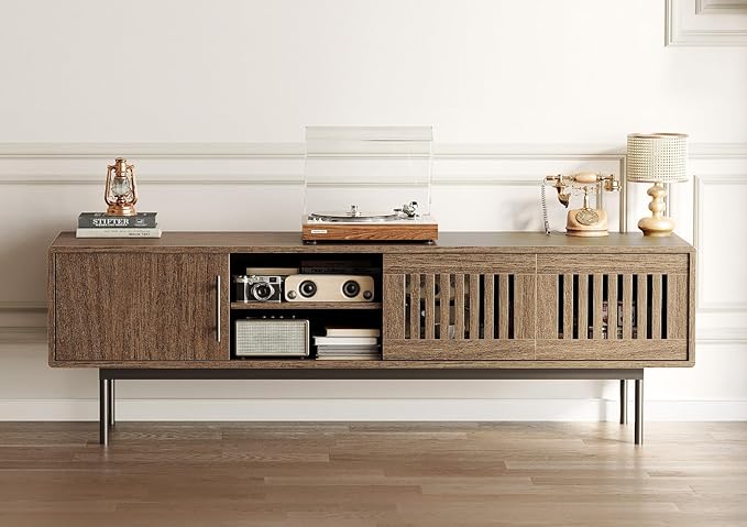 Claiks Mid Century Modern TV Stand for TV up to 70 inch, Entertainment Center with Sliding Barn Doors & Adjustable Shelve, Retro Low Profile Media Console TV Table for Living Room, Walnut