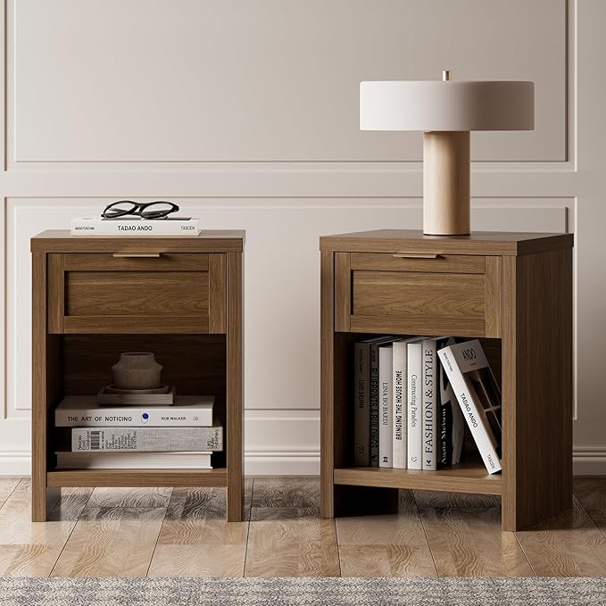 Walsham Natural Nightstands Set 2, Boho Bed Side Table for Living Room, Minimalist Night Stand with Drawer and Storage Shelf - Farmhouse End Tables for Bedroom (Special Walnut, 2 Set)