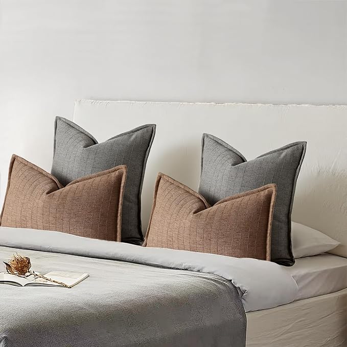DEZENE 18x18 Linen Pillow Covers Grey Pack of 2 Farmhouse Boho Neutral Accents Striped Textured Square Decorative Throw Pillow Cases for Living Room Couch Bed Home Decor