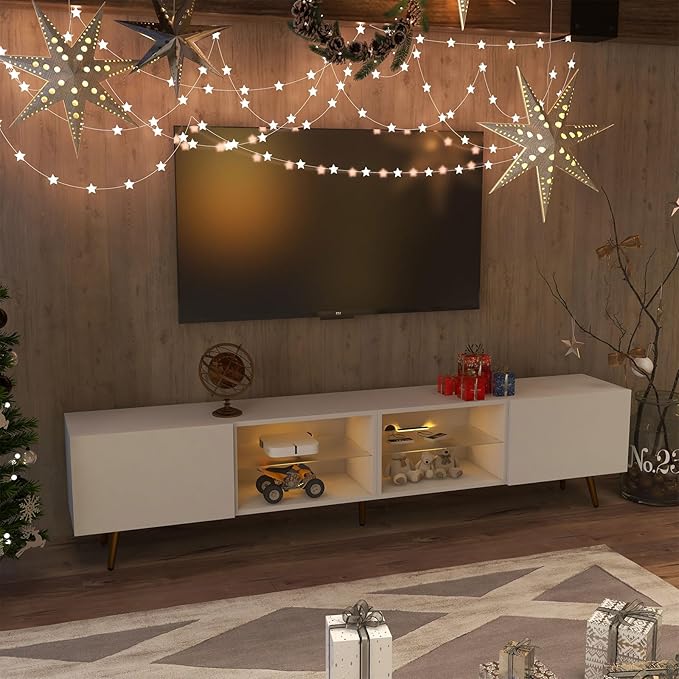 Bonzy Home 86" LED TV Stand, Modern Entertainment Center up to 75" 80" 85" TV, Television Console Table with Storage Cabinets for Living Room, White