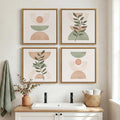 Framed Boho Abstract Wall Art, 4 Piece Pink Green Botanical Plant Modern Pictures Decor, Minimalist Farmhouse Geometric Mid Century Painting Prints for Bathroom Living Room Bedroom 12x12 Inch