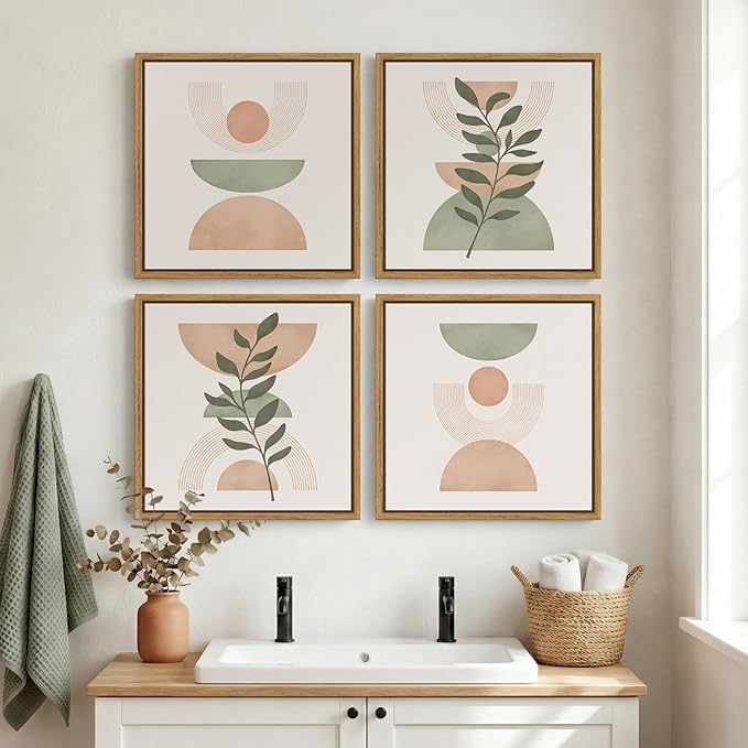 Framed Boho Abstract Wall Art, 4 Piece Pink Green Botanical Plant Modern Pictures Decor, Minimalist Farmhouse Geometric Mid Century Painting Prints for Bathroom Living Room Bedroom 12x12 Inch