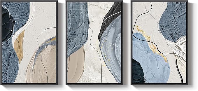 Large Framed Abstract Wall Art for Living Room, Set of 3 Modern Canvas Artwork for Wall, Blue Gray Minimalist Prints Paintings for Bedroom Hallway Office Wall Decor, 24 x 36 Inch
