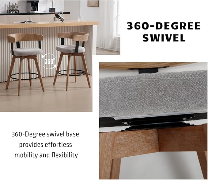 DUOMAY Swivel Bar Stools Set of 1, 26" Counter Height Bar Stool with Footrest Modern Wood Barstool with Linen Upholstered Seat Counter Stools for Kitchen Island Home Bar, Grey