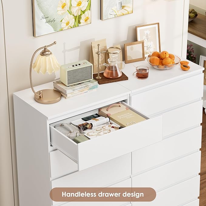 FOTOSOK White Dresser, 6 Drawer Dresser, Modern Tall Floor Storage Cabinet with Metal Sliding Rail, Wooden Handleless Drawer Cabinet, 6-Layer Large Capacity Vertical Dressers for Home & Office