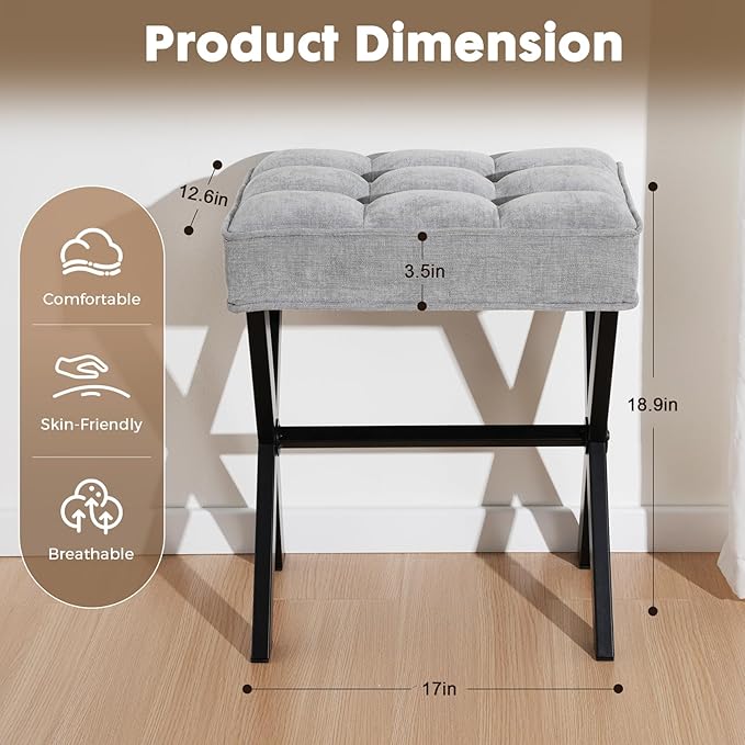 Modern Square Foot Stool Ottoman, Upholstered Vanity Chair with Metal X-Legs & Soft Linen Fabric - Versatile Seat and Footrest for Makeup, Living Room, Bedroom & Entryway (X-LightGray)