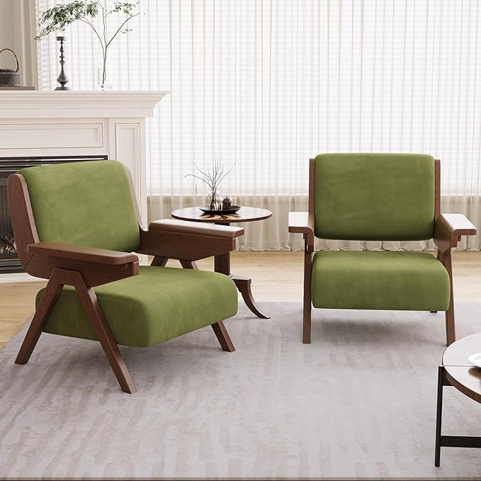 Accent Chair Mid Century Modern Chair, Velvet Upholstered Lounge Arm Chair with Solid Wood, Cozy Reading Chair for Living Room, Bedroom, Balcony (Green, Single Chair)