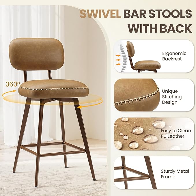 MALOL 26“ PU Leather Swivel Bar Stools Set of 2, Mid Century Counter Height Bar Chairs with Low Back and Metal Legs, Modern Bar Stool Chair for Kitchen Island, Brown
