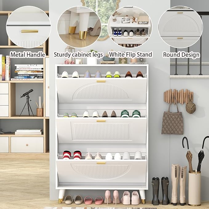 White Shoe Storage Cabinet: 32" Ultra Thin Small Shoe Cabinet for Entryway, Modern Slim and Narrow Hidden Shoes Rack Organizer with Doors and 3 Flip Drawer (1 Piece, 32")