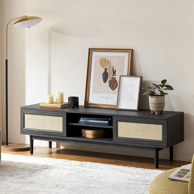mopio Haylee TV Stand, Modern Farmhouse Television Stand for 55/60/65 inch TV, Natural Rattan Boho Entertainment Center with Storage, Media Console Credenza Table for Living Room, Bedroom (Black 59")