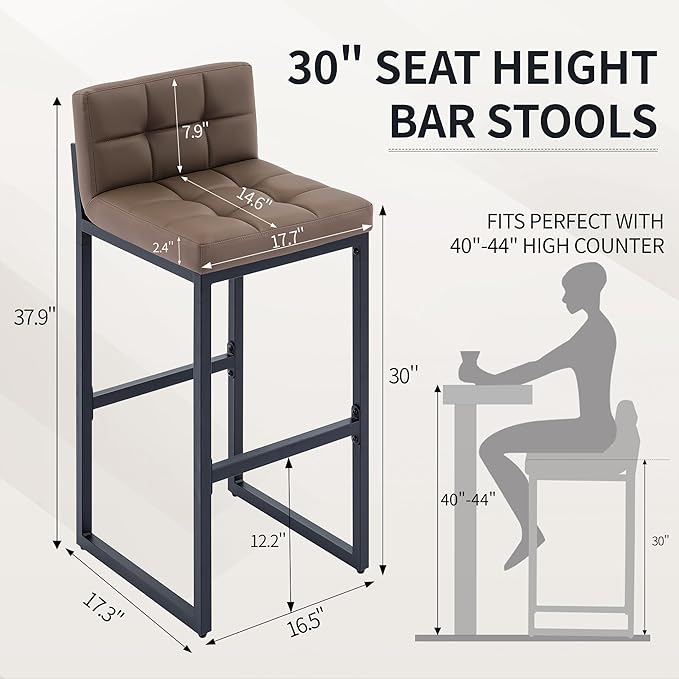 FIRAVOE Set of 3 Bar Stools with Back, Modern Bar Height Barstools with Thickened Metal Legs, 30" Faux Leather Counter Chairs for Kitchen Island, Bar, Counter (Coffee Brown, 3Pcs 30" Bar Stools)