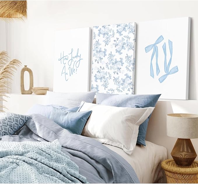 Blue Bow Wall Art Floral Canvas Wall Decor Coquette Flower Wall Art Trendy Aesthetic Poster Girly Preppy Pictures Blue Floral Prints for Living Room Bathroom 16x24 Inch Framed Set of 3