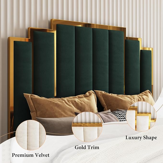 AMERLIFE Queen Size Upholstered Bed, Modern Velvet Bed Frame with 61.4” Tall Gold Trim Headboard, No Box Spring Needed, Green