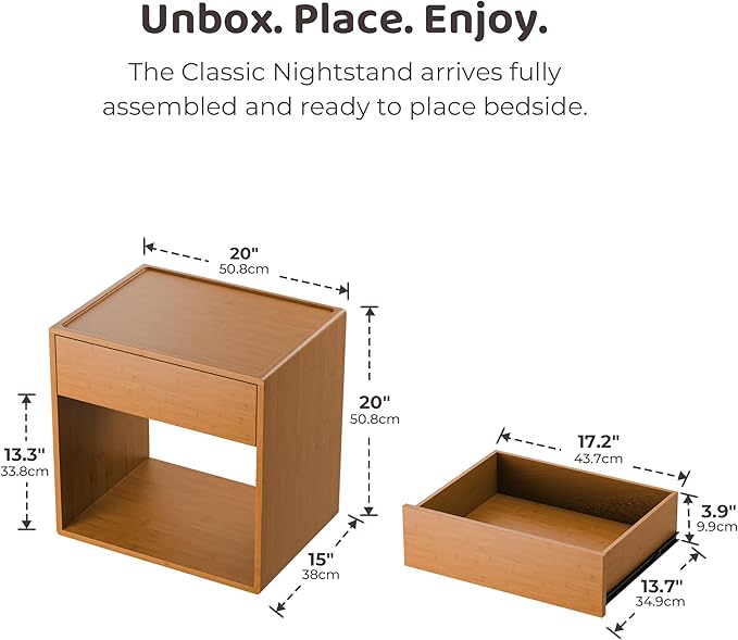 RECCI Solid Bamboo Nightstand, Sustainable Curved Classic Mid-Century Modern Wood Bedside Table with Soft-Close Drawer, Handle-Free Design, Open Shelf Storage, No Assembly Required (Walnut)