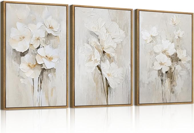 Anyzal Large Framed Beige Floral Wall Art Neutral Flower Wall Decor for Living Room Bedroom Dining Room 24x36 Inch Set of 3