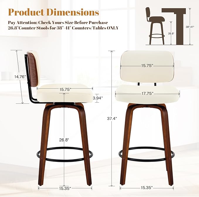 Counter Height Bar Stools Set of 1, 26+inch Swivel Faux Leather Barstool with Back, Upholstered Mid-Century Modern Bar Chairs with Bent Wood Legs for Kitchen Counter, Dining Room, Cream White