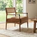 Ya-Home Mid-Century Modern Accent Chair with Woven Rope Back, Upholstered PU Leather Armchair with Solid Wood Frame for Living Room Bedroom, 1PC, Brown