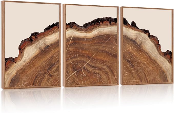 HPINUB Tree Rings Wood Wall Art Framed Set, Modern Beige Wood Stump Wall Decor, Abstract Tree Spiral Wall Painting,Nature-Inspired Art Print for Living Room, Bedroom, Office(Set of 3,12X16 Inch)
