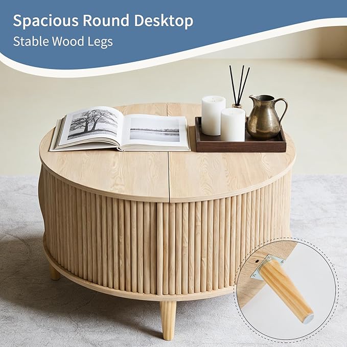 DUMOS Coffee Table, Round Coffee Tables with Storage, Fluted Center Table for Living Room, 31.69" Mid Century Modern Table with Sliding Cabinet Door, 2-Tier Rustic Wood Desktop, Wood