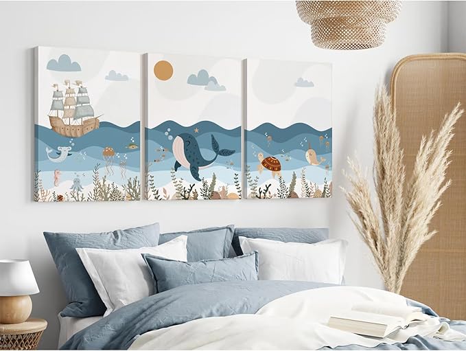 Ocean Nursery Wall Art Pictures Blue Nautical Canvas Art Beach Animal Wall Decor Baby Boys Room Wall Art Sea Whale Prints Ocean Nautical Poster for Nursery Baby Room 16x24 Inch Set of 3 Framed