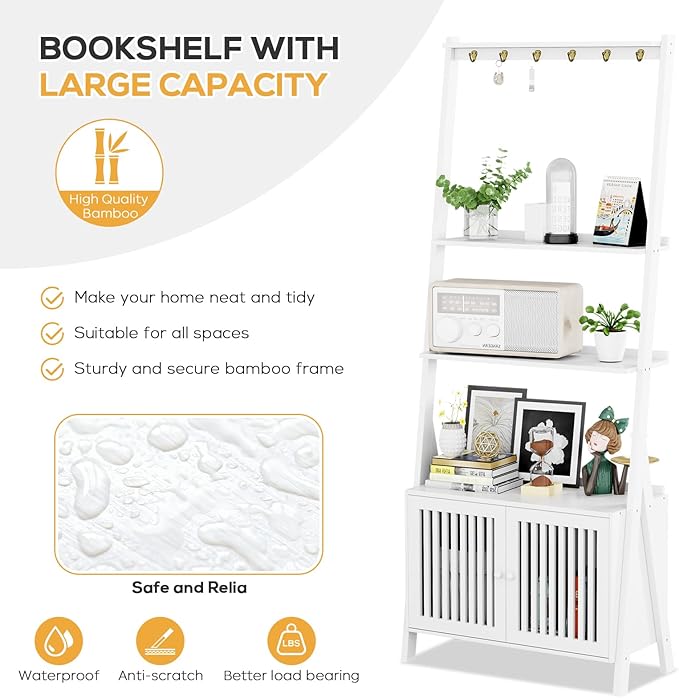 Bookcase with Drawers, 4-Tier Bamboo Bookshelf Ladder Shelf with 6 Hooks, 59.5"H x 24.8"L x 10.6"W, Tall Narrow Freestanding Standing Storage Organizer for Living Room, Office, Bedroom, White