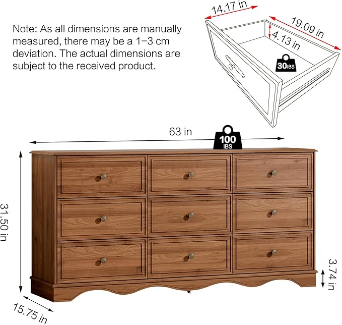 Chrangmay 9 Drawer Dresser,63" Wide Mid Century Chest of Drawers,Wooden Bedroom Drawer Dresser with 9 Storage Drawers for Bedroom,Living Room,with Anti-Tipping Device,Umber.