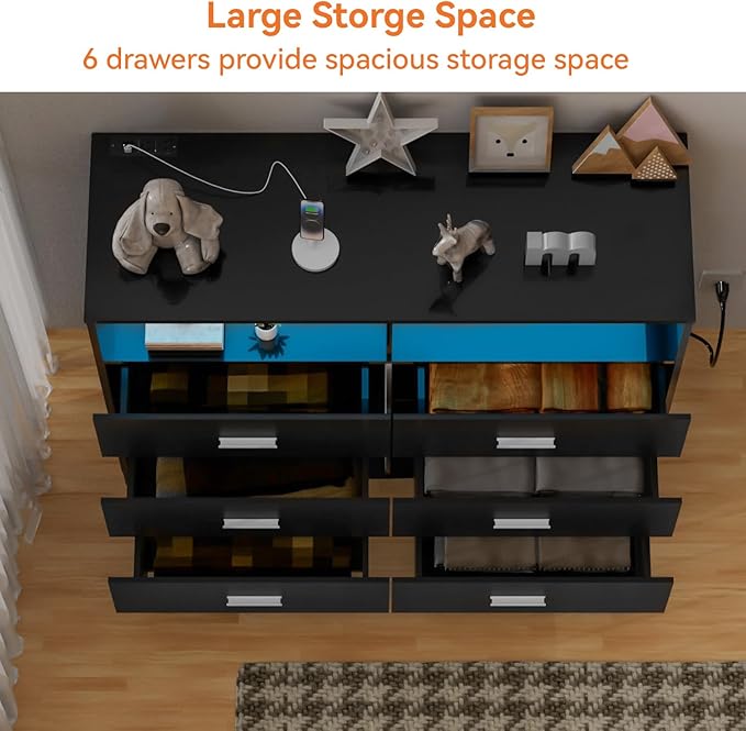 FJTJBSI Dresser with Power Outlets and LED Lights Wooden 6 Drawer Dresser with Large Organizer Tall Black Drawer for Bedroom Modern Chest of Drawers Closet for Living Room Kids Room