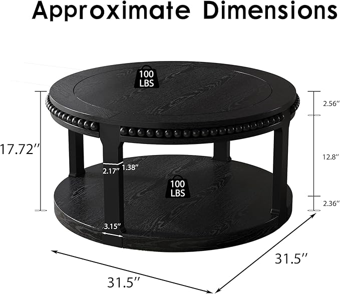 31.5" Round Wood Coffee Table, 2 Tier Modern Center Table,Solid Wood+MDF, Easy Assembly, Accent Table for Living Room, Apartment, Small Space. (Black)