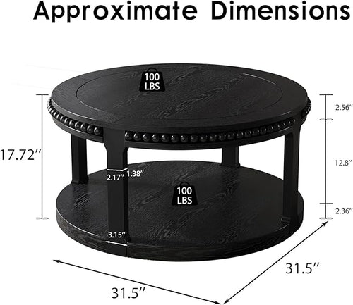 31.5" Round Wood Coffee Table, 2 Tier Modern Center Table,Solid Wood+MDF, Easy Assembly, Accent Table for Living Room, Apartment, Small Space. (Black)