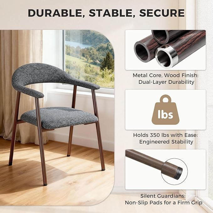 DUMOS Dining Chairs Set of 4, Linen Fabric Upholstered Kitchen Side Chairs with Curved Backrest & Metal Legs, Modern Farmhouse Accent Chairs for Dining Room Kitchen Living Room Cafe, Gray