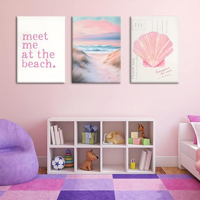 Yudinbin Framed Pink Beach Preppy Coastal Canvas Wall Art Girls Aesthetic Room Decor Painting Poster Print for Girls Bedroom Dorm Home 16x12 in