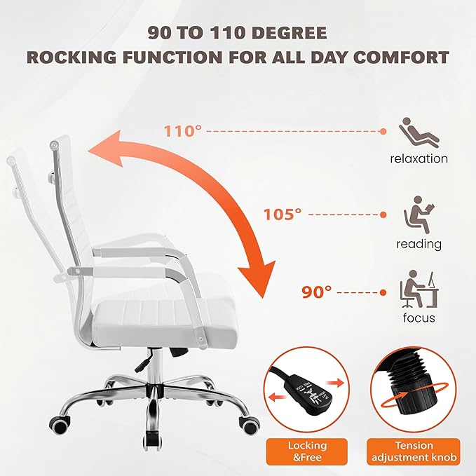 Furmax Ergonomic Office Desk Chair, Executive Ribbed Mid-Back PU Leather Conference Room Chair Adjustable Swivel Chair with Arms (1, White)