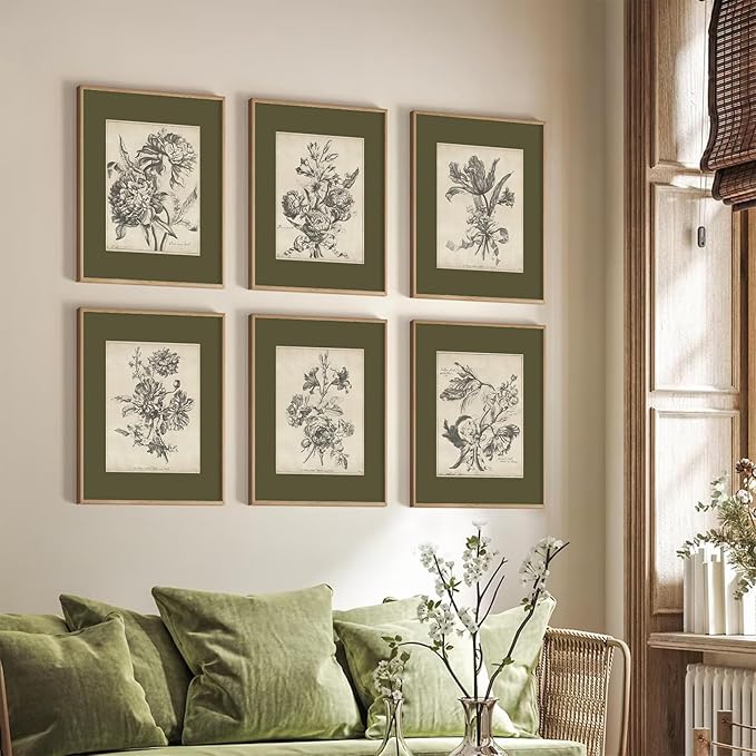 Vintage Floral Wall Art Sketch Flower Prints Antique Botanical Canvas Wall Art Decor Vintage Etchings Floral Poster Green Botanical Painting Sage Green Artwork for Bedroom 8x10x6 Inch Unframed
