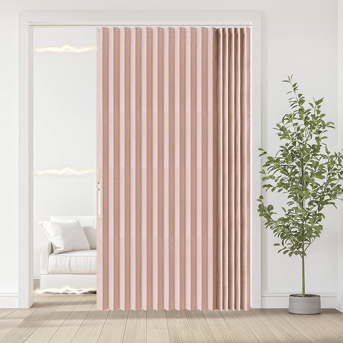 Jilron Accordian Door Curtain, 100% Blackout Folding Magnetic Doorway Curtains,Linen Style Closet Doors,for Room Divider,Privacy Protection（W72 x L78,Pink,1 Panel）