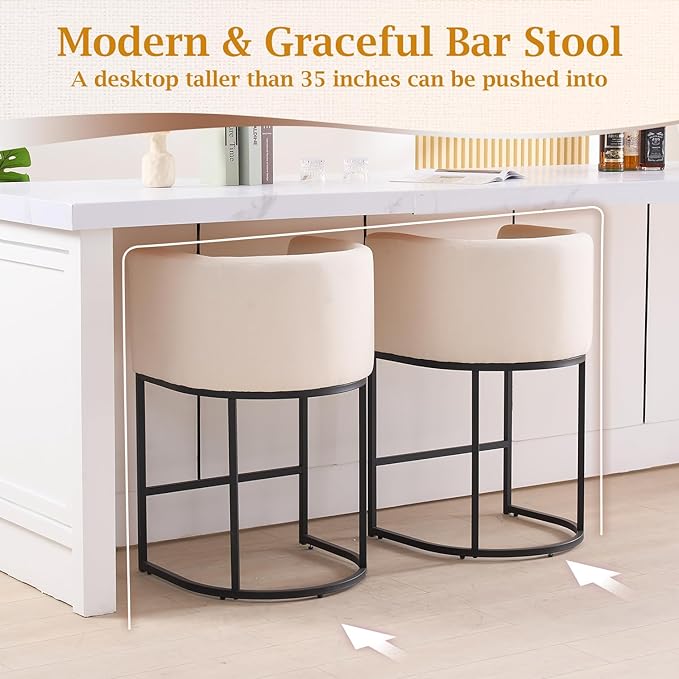 ClinQ 26" H Counter Height Bar Stools Set of 6, Modern Barrel Counter Stools with Backrest and Arms, Black Metal Frames, Linen Fabric Upholstered Accent Barstools for Kitchen Island,Linen Color