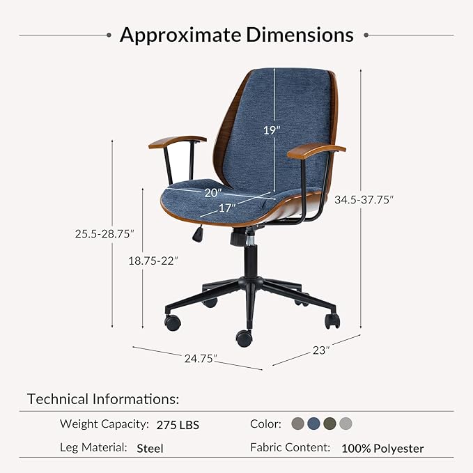 Modern Office Chair with Bentwood Polyester Upholstery Ergonomic Swivel Desk Chair with Adjustable Height for Home Office or Study Navy