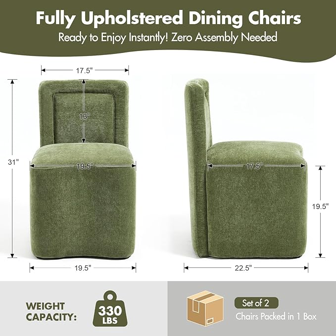 Hyfirm Upholstered Dining Chairs Set of 2, Mid-Century Scandinavian Parsons Armless Chairs with Plush Seat Cushion for Diningroom Bedroom Livingroom Reading Room，Green Fabric