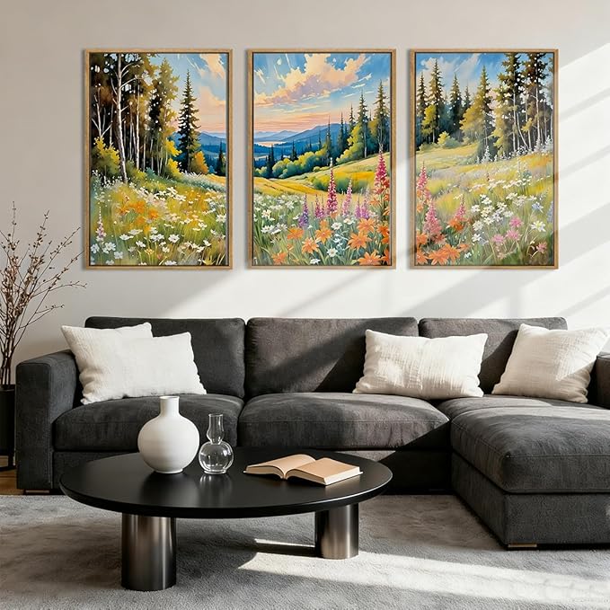 Anyzal Large Mountain Landscape Framed Wall Art 16x24 Inch Colorful Forest Floral Field Canvas Wall Decor Set of 3 for Living Room Bedroom Dining Room