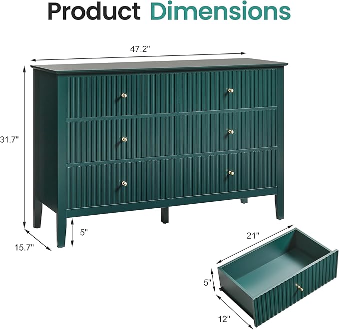 RoyalCraft 6 Drawer Dresser, Fluted Modern Wood Chest of Drawers, Long Dresser for Bedroom TV Stand Storage Cabinet for Living Room, Green