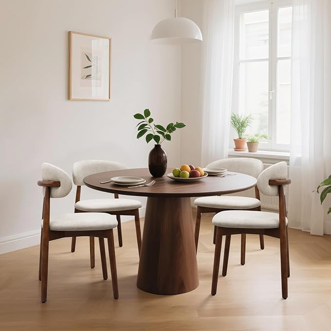 Farmhouse Dining Chairs Set of 4, Mid Century Modern Fabric Upholstered Kitchen Chairs, Wooden Dining Room Chair with Curved Back for Kitchen Dining Room Restaurant Cafe, Warm Gray (Only Chairs)