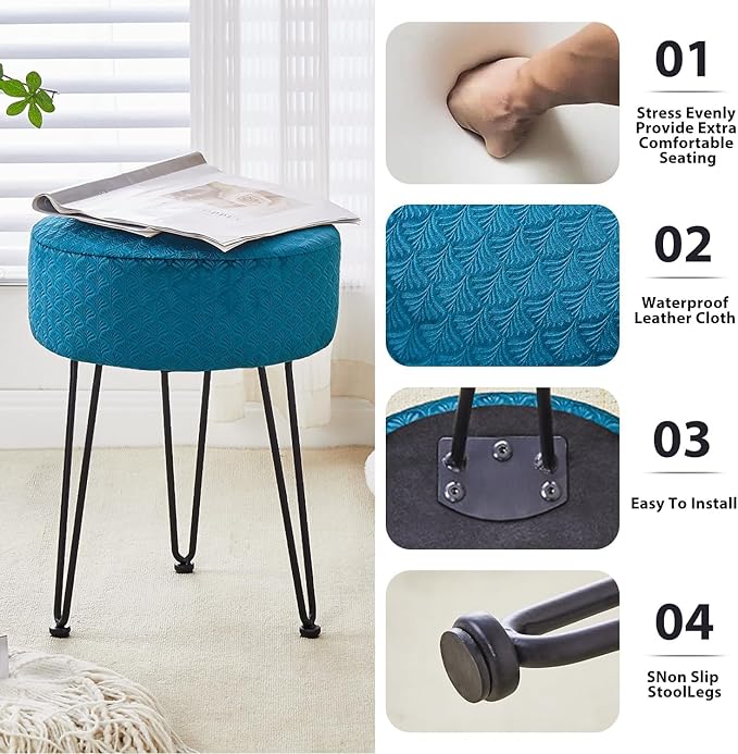 Velvet Ottoman,Vanity Stool,Dressing Table Seat with Metal Leg Vanity Chair for Bedroom, Living Room, Entryway, Offices
