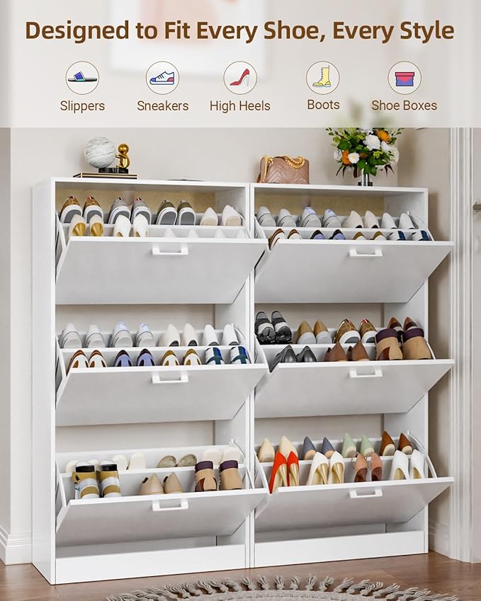 Shoe Cabinet with 3 Flip Drawers, Hidden Slim Freestanding Shoe Storage Cabinet, Narrow Freestanding Shoe Organizer for Entryway,Hallway, Living Room, White