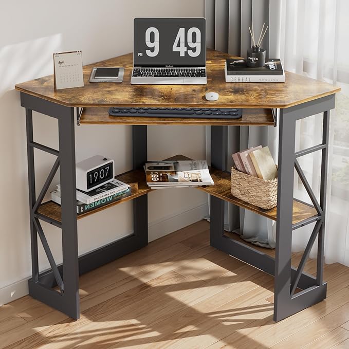 VECELO Corner Desk Computer Desk Writing Table with Smooth Keyboard Tray & Storage Shelves,Compact Home Office Triangle Table,Antique Brown