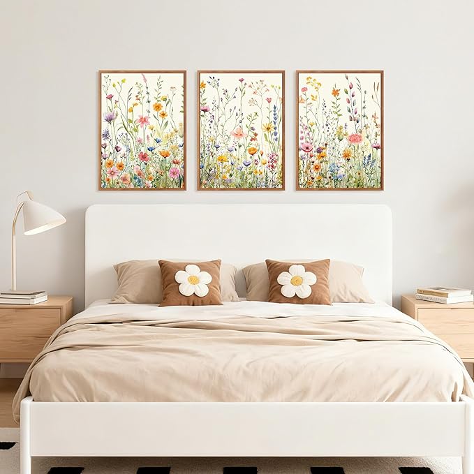 HPINUB Colorful Flower Framed Canvas Wall Art Set, (Set of 3,12X16 Inch)Watercolor Daisy Floral Wall Decor, Wildflower Green Leaf Wall Painting, Multicolour Botanical Art Print for Living Room,Office