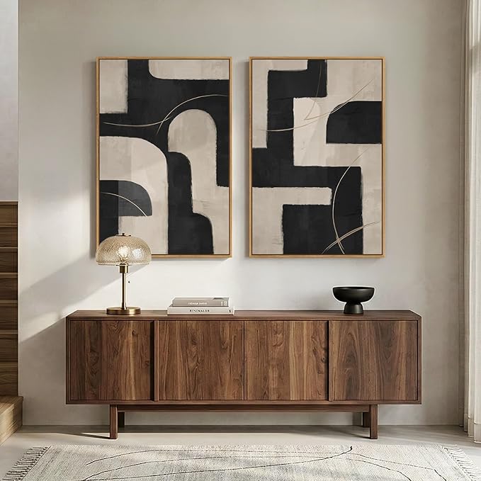 Large Framed Modern Neutral Abstract Wall Art, Set of 2 Minimalist Black and Beige Canvas Prints Paintings Artwork for Walls, Geometric Pictures for Living Room Hallway Bedroom Wall Decor 24x36 In