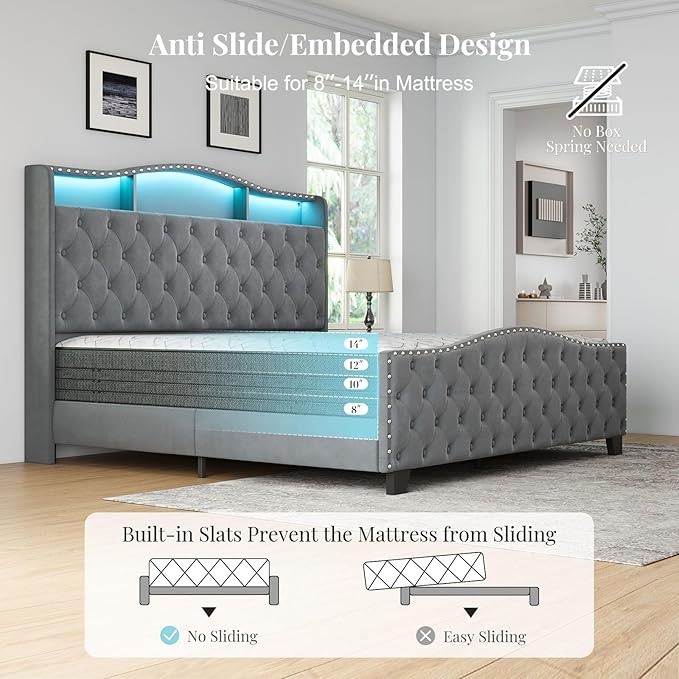 Belffin King Size Bed Frame and Headboard, 50.9" Velvet Upholstered Wingback Bedframe with LED Lights & Storage/Charging Station, Button Tufted Tall Footboard, No Box Spring Needed, Noise-Free, Grey