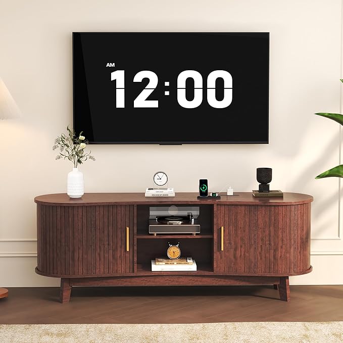 Mid Century Modern TV Stand for 65 Inch TVs, Fluted TV Stands with Open Shelves and Sliding Door, Media Cabinet with Power Outlet, Entertainment Center with Storage for Living Room, Red Brown