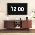 Mid Century Modern TV Stand for 65 Inch TVs, Fluted TV Stands with Open Shelves and Sliding Door, Media Cabinet with Power Outlet, Entertainment Center with Storage for Living Room, Red Brown